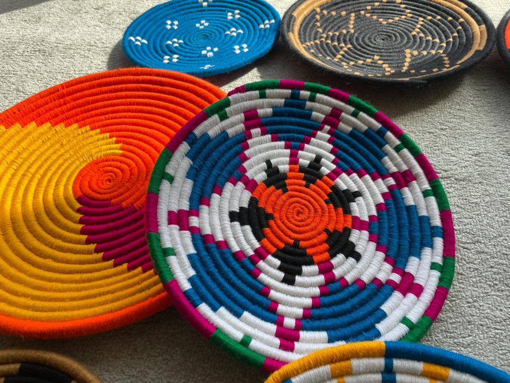 Boho Wall Basket Set of 5, Colorful Bohemian Wall Hanging, Woven Wall Baskets, African Wall Baskets, Living Room & Bedroom Wall Art