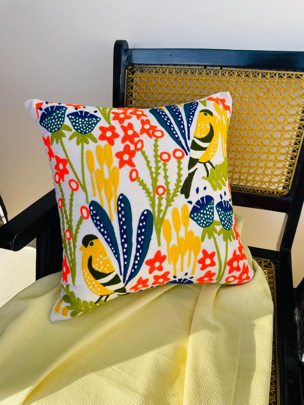 Handmade Suzani Cushion Cover, Pakistani Kundi Embroidery, Multicolor Floral Bird Pillow