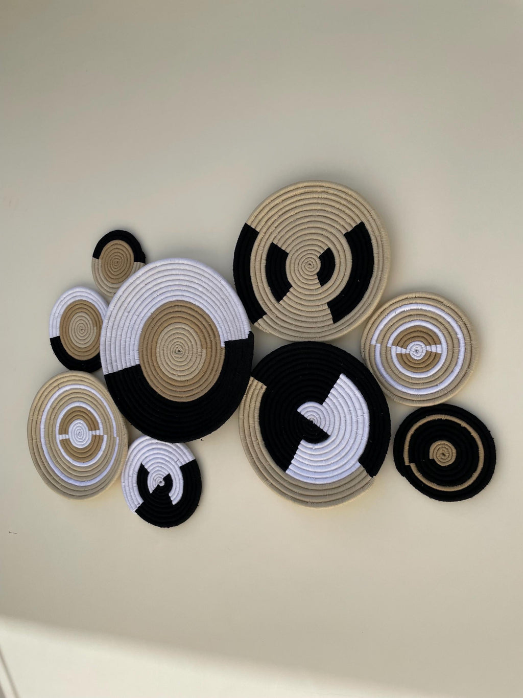Woven Wall Basket Set Of 9, African Wall Baskets, black & beige Basket wall art, wall hanging baskets, Woven Wall Decor