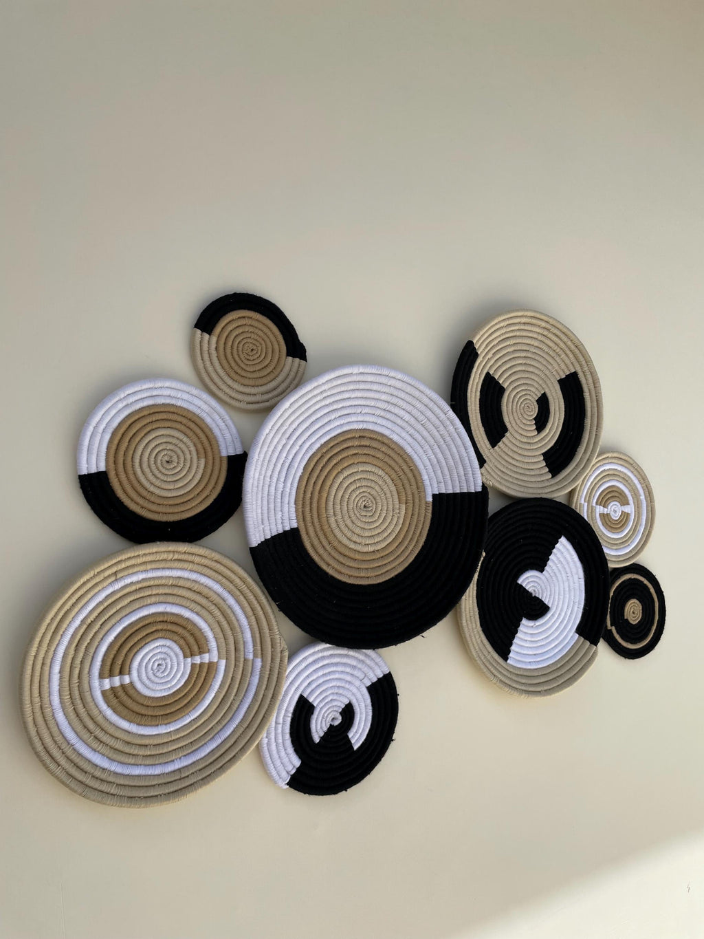Woven Wall Basket Set Of 9, African Wall Baskets, black & beige Basket wall art, wall hanging baskets, Woven Wall Decor
