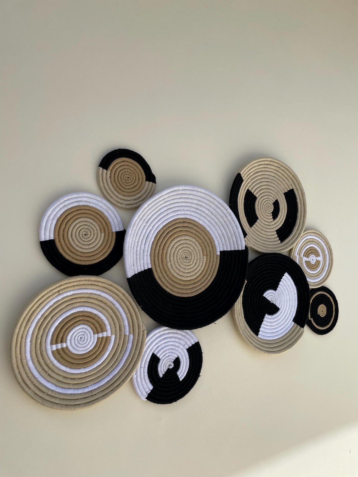 Woven Wall Basket Set Of 9, African Wall Baskets, black & beige Basket wall art, wall hanging baskets, Woven Wall Decor