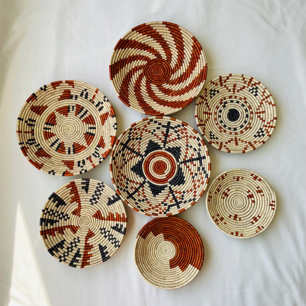 Neutral & Earthy Tones Woven Wall Baskets Set Of 7, Boho Wall Baskets, Woven African Baskets, Basket Wall Art, Rustic Wall Hanging Decor