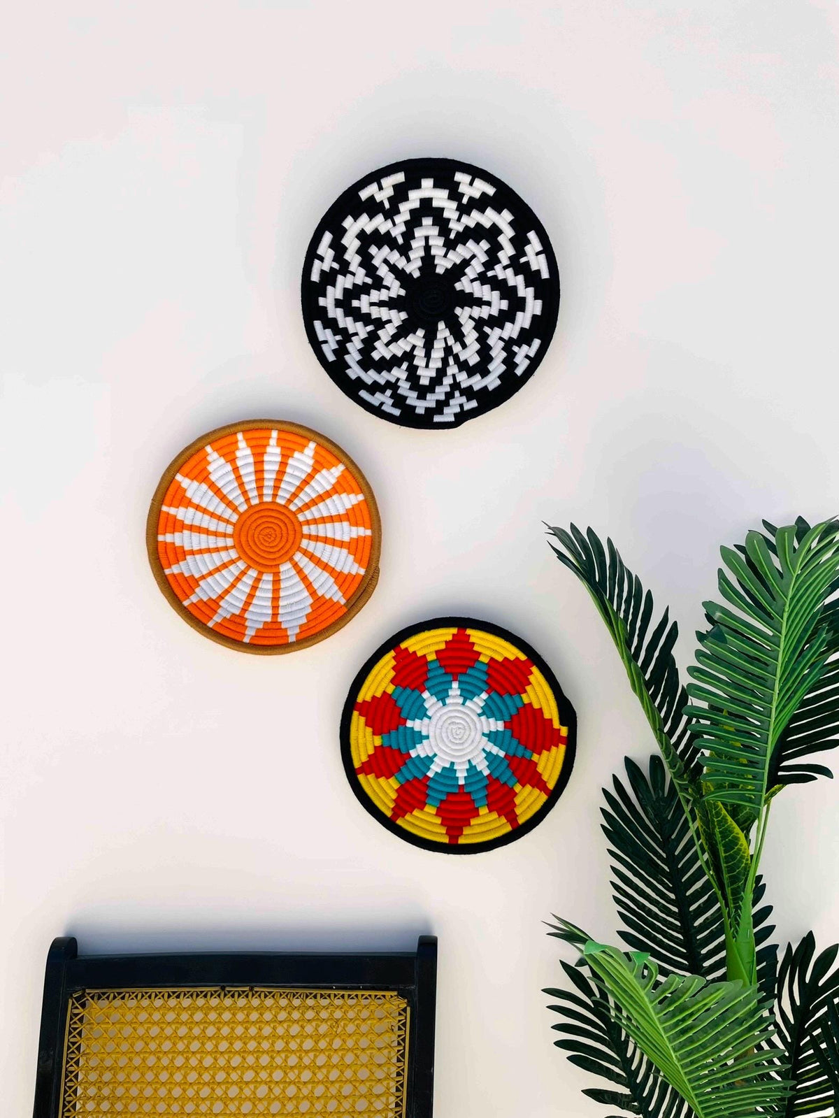Boho Wall Basket Decor Set of 3, Bohemian Wall Hanging, Unique Wall Basket Decor, Woven African Baskets, Living Room & Bedroom Wall Art