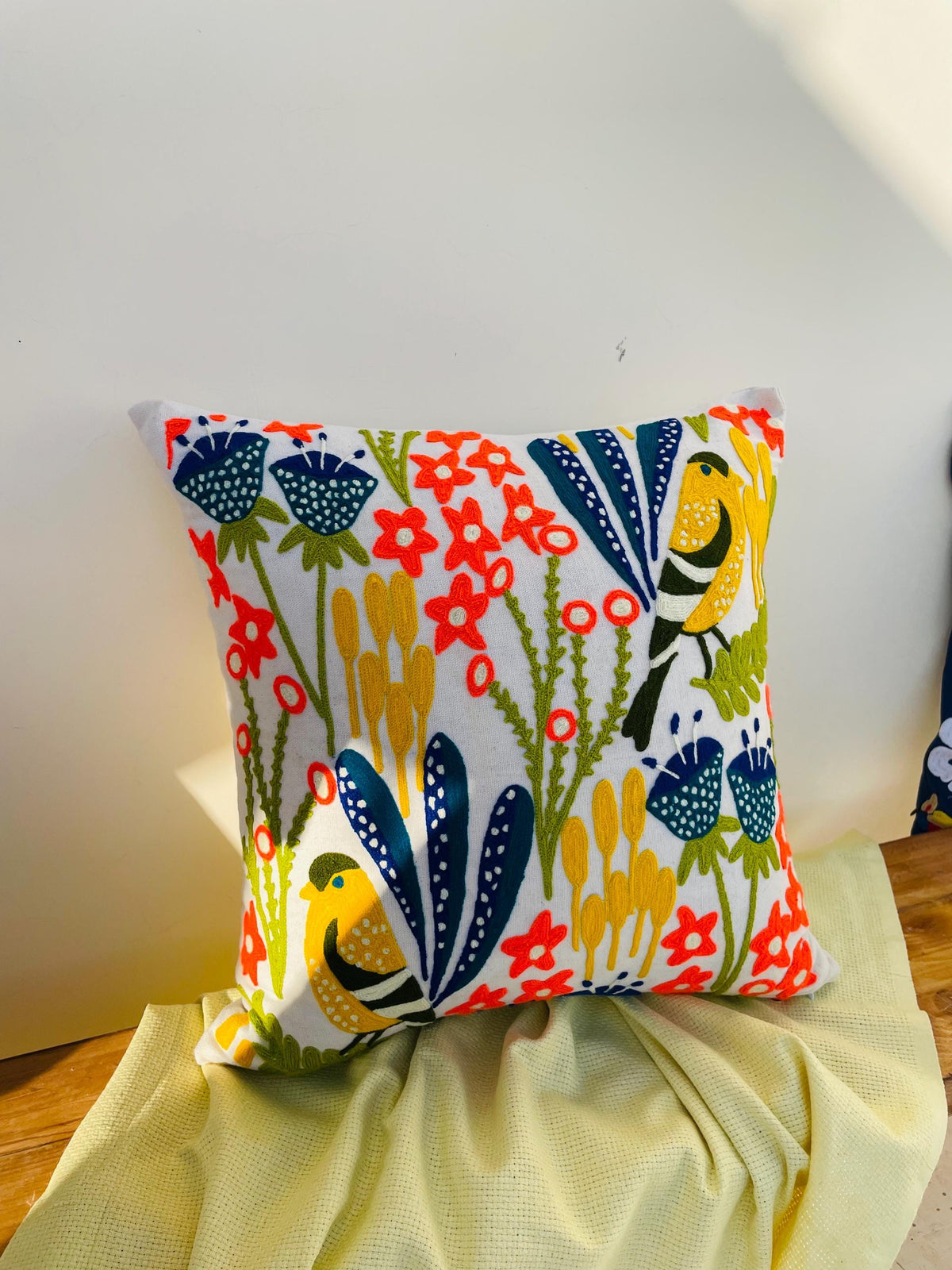 Handmade Suzani Cushion Cover, Pakistani Kundi Embroidery, Multicolor Floral Bird Pillow