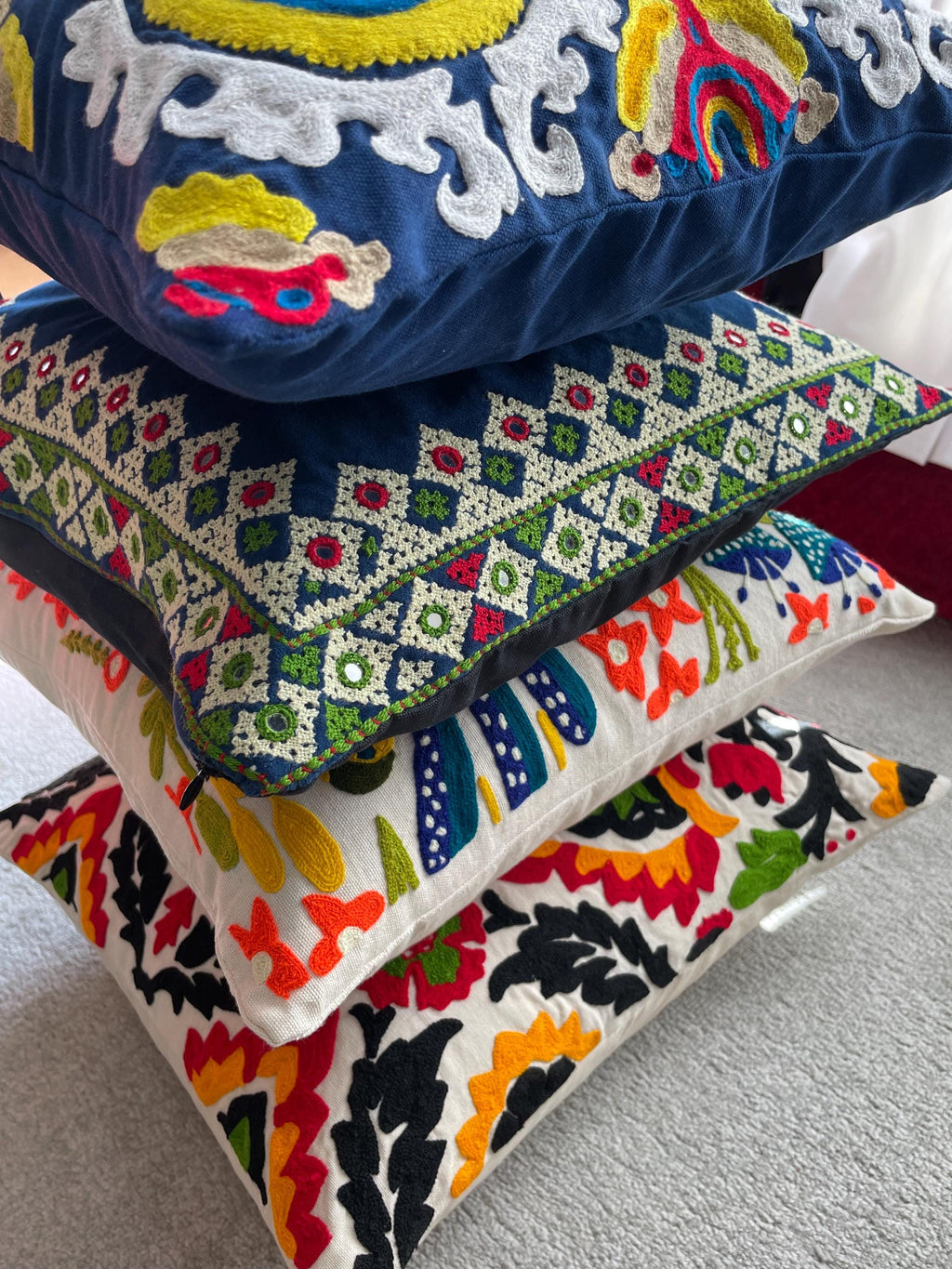 Handmade Suzani Cushion Cover, Pakistani Kundi Embroidery, Multicolor Floral Bird Pillow