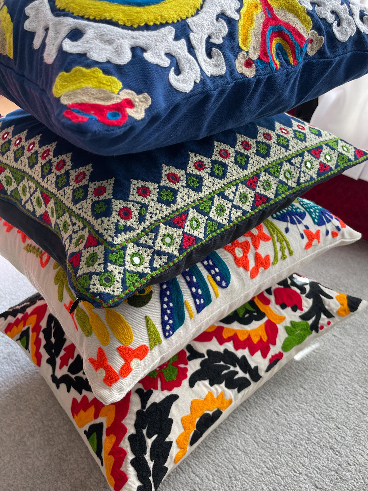Handmade Suzani Cushion Cover, Pakistani Kundi Embroidery, Multicolor Floral Bird Pillow
