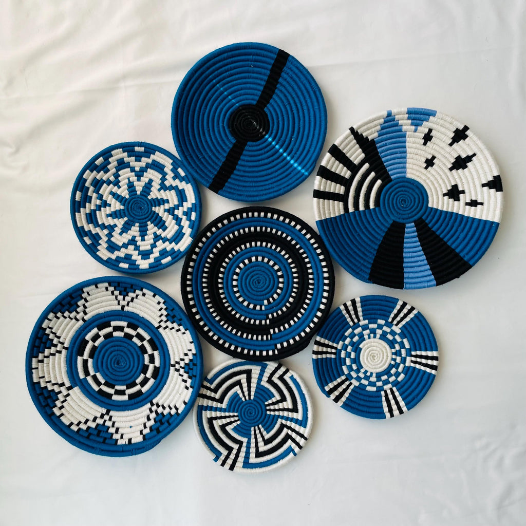 Blue Woven Wall Basket Set of 7 - Boho African Wall Baskets - Hanging Wall Basket Decor - Living Room & Bedroom Wall Art