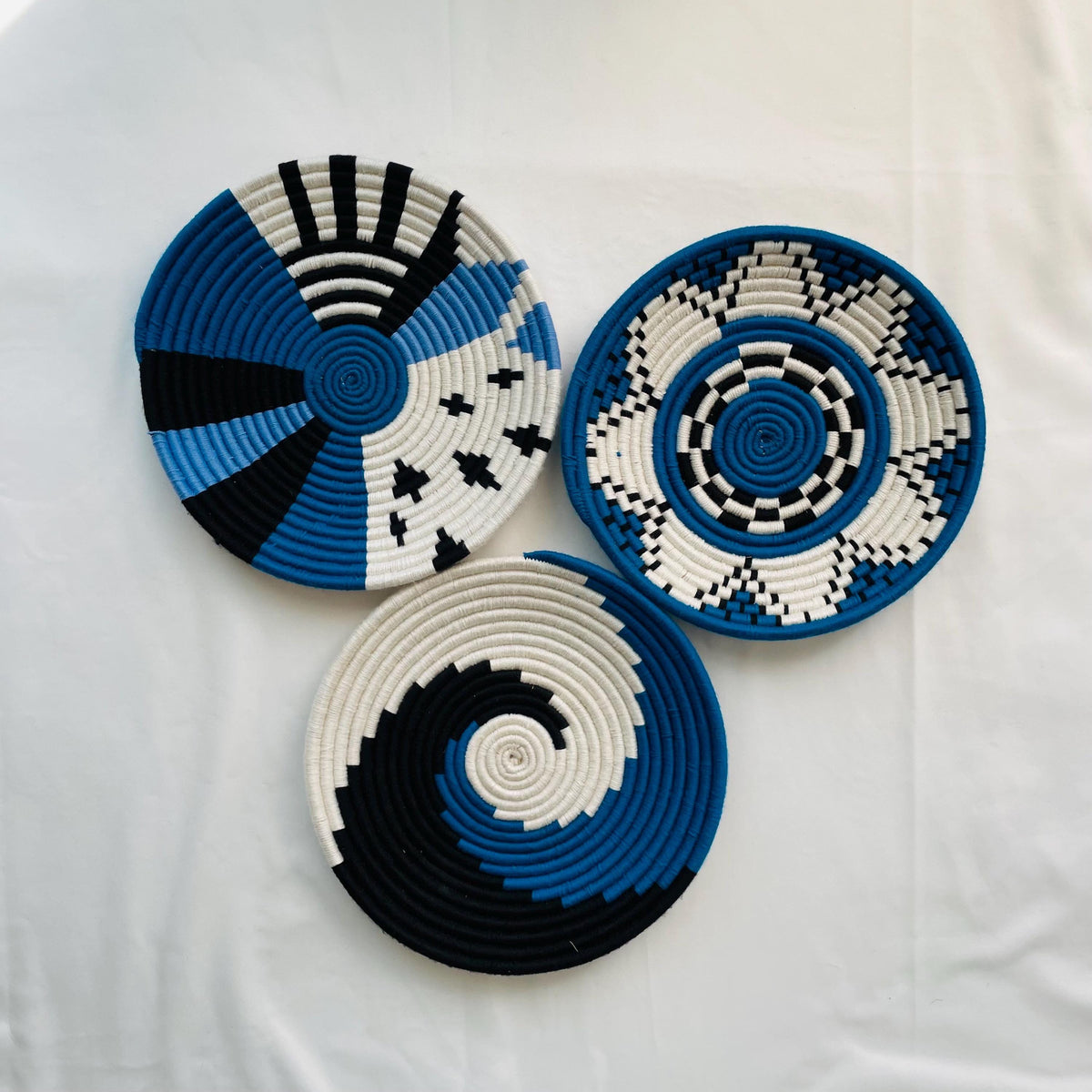 Blue Woven Wall Basket Set of 3 - African Wall Baskets - Boho Wall Baskets - Wall Basket Decor - Decorative Wall Baskets - Tribal Wall Decor