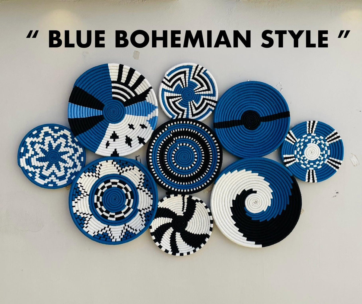 Blue Woven Wall Basket Set of 9 - African Wall Baskets - Boho Wall Baskets - Hanging Wall Basket Decor - Coastal Blue wall Art