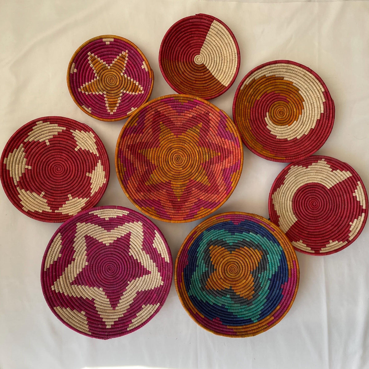 Handwoven Wall Basket Set Of 8, Decorative Bowl Basket, Boho African Baskets, Made With Sea Grass & Palm Leaves, Colorfu Rustic Wall Decor