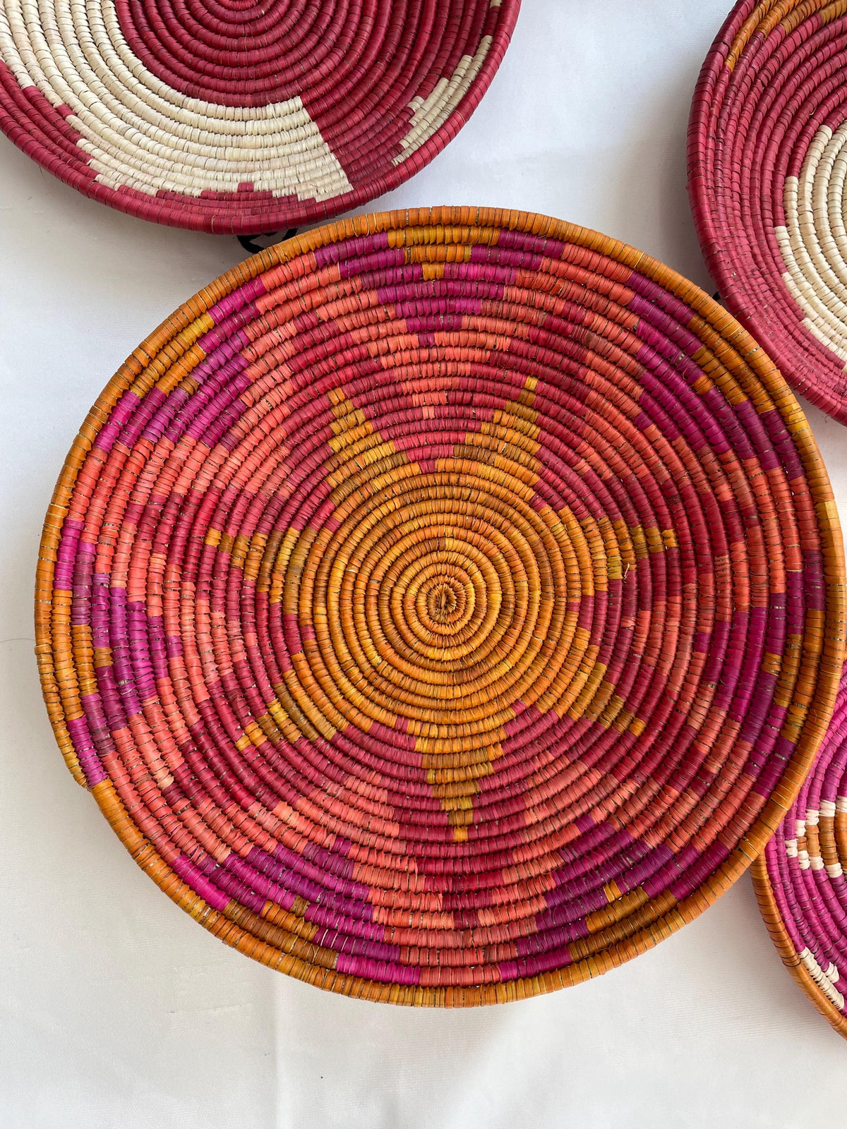 Woven Crimson Wall Basket Set Of 9, Hand Woven African Basket For Wall Decor, Colorful Rustic Boho Wall Art, Tribal Home Decor Hangings