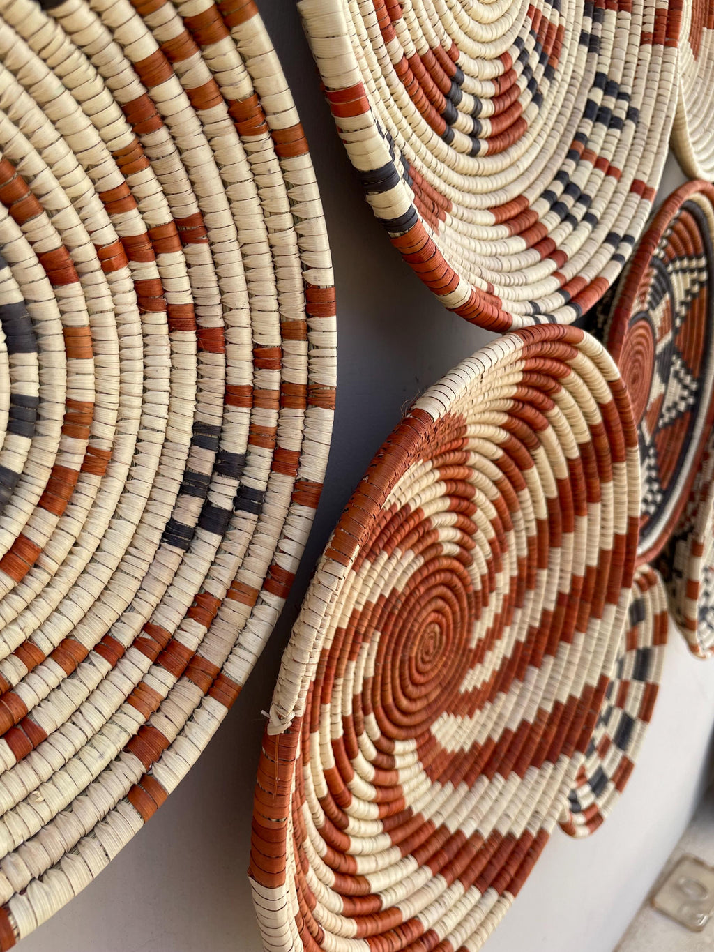 Boho Wall Basket Set Of 9, Handwoven African Baskets for Wall Decor, Neutral Rustic Woven Wall Art, Tribal Home Decor, Earthy Tone Baskets