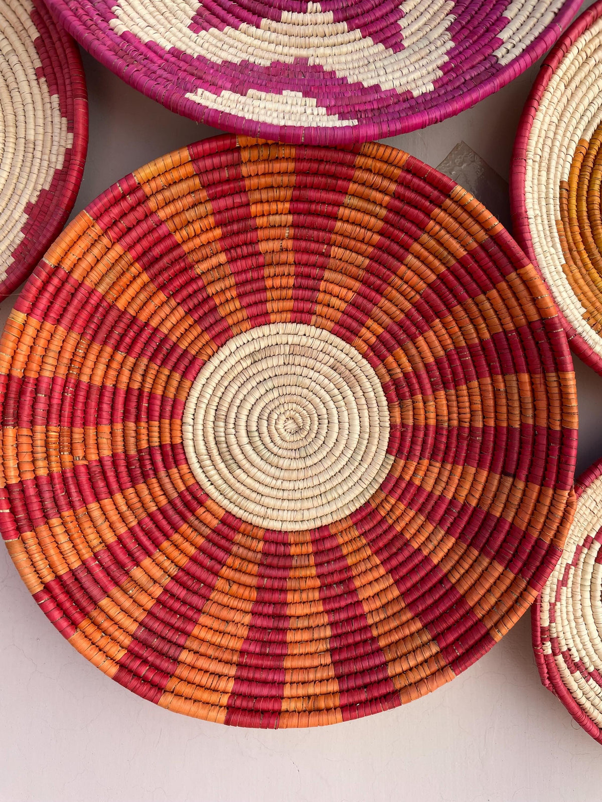 Woven Crimson Wall Basket Set Of 9, Hand Woven African Basket For Wall Decor, Colorful Rustic Boho Wall Art, Tribal Home Decor Hangings