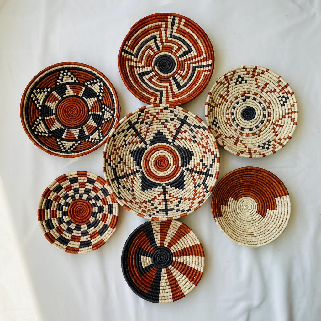 Woven Wall Basket Set Of 7, Handwoven African Baskets for Wall Decor, Neutral Rustic Boho Wall Art, Tribal Home Decor, Earthy tone Baskets