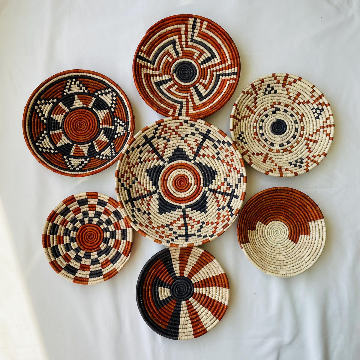 Woven Wall Basket Set Of 7, Handwoven African Baskets for Wall Decor, Neutral Rustic Boho Wall Art, Tribal Home Decor, Earthy tone Baskets