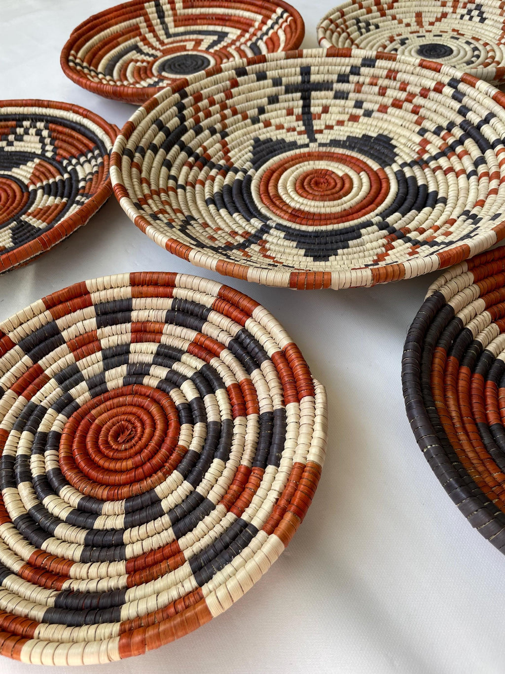 Woven Wall Basket Set Of 7, Handwoven African Baskets for Wall Decor, Neutral Rustic Boho Wall Art, Tribal Home Decor, Earthy tone Baskets