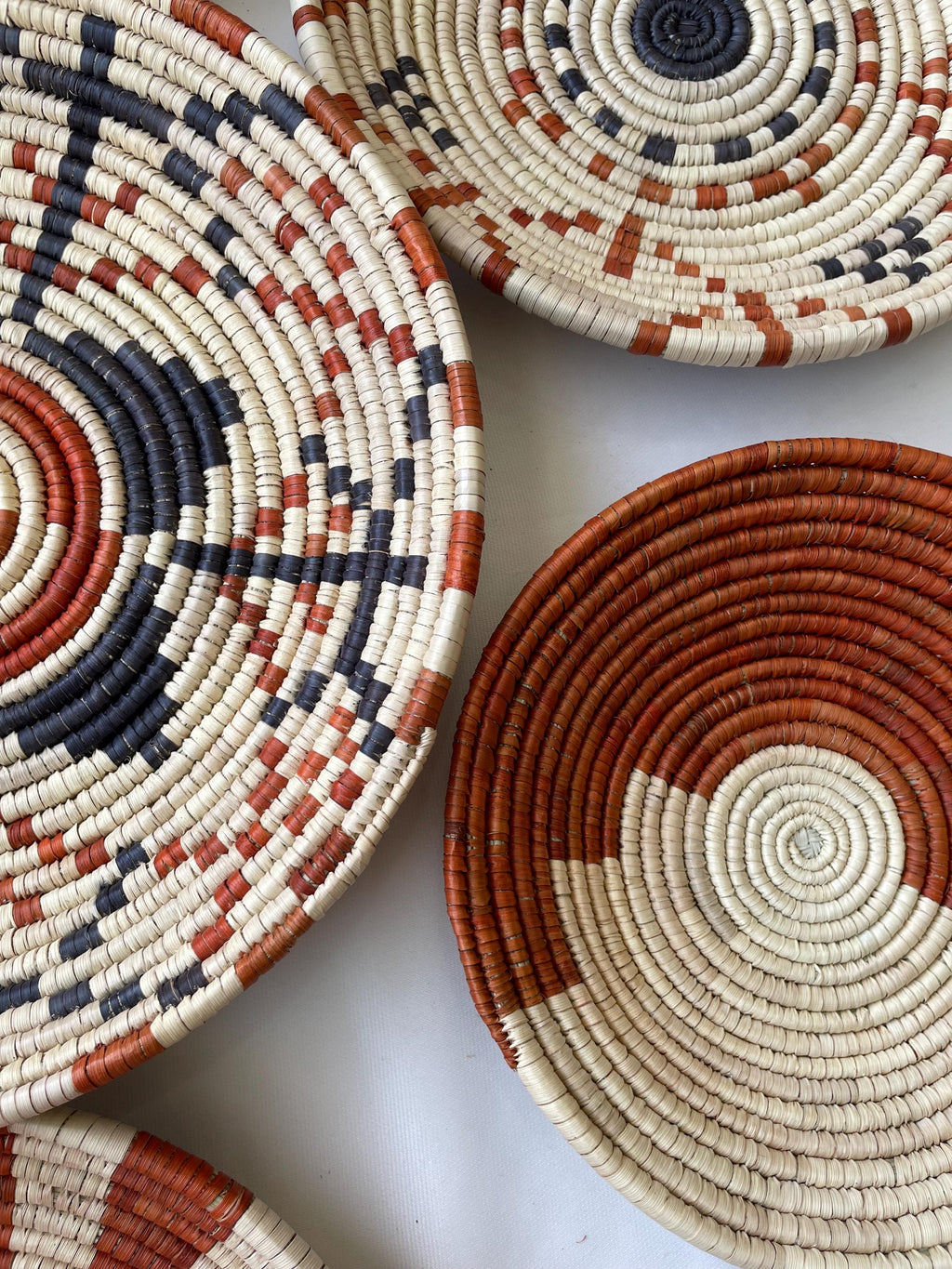 Woven Wall Basket Set Of 7, Handwoven African Baskets for Wall Decor, Neutral Rustic Boho Wall Art, Tribal Home Decor, Earthy tone Baskets