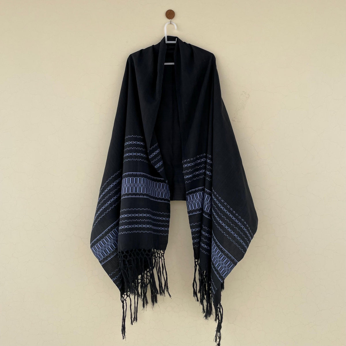 Handwoven Cotton & Silk Rebozo | Black Mexican Blue Shawl With Fringes| Pedal Loom Woven in Pakistan | 35X100 In