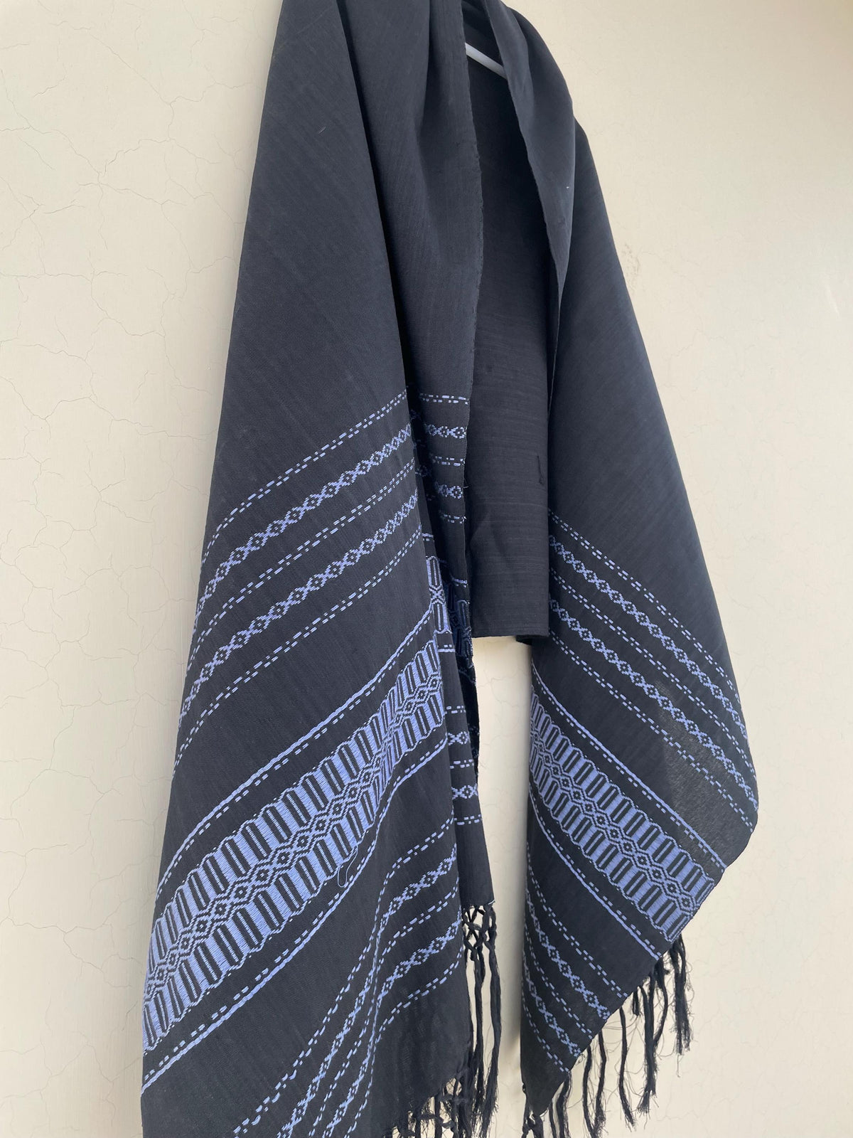 Handwoven Cotton & Silk Rebozo | Black Mexican Blue Shawl With Fringes| Pedal Loom Woven in Pakistan | 35X100 In