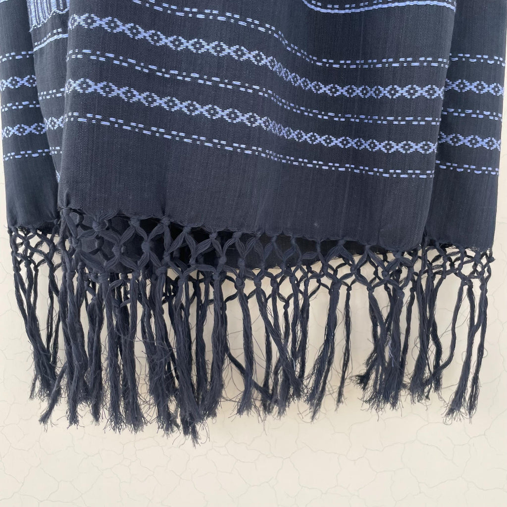 Handwoven Cotton & Silk Rebozo | Black Mexican Blue Shawl With Fringes| Pedal Loom Woven in Pakistan | 35X100 In