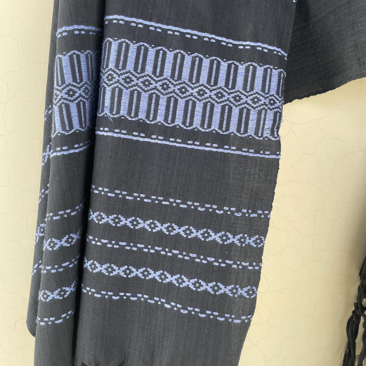 Handwoven Cotton & Silk Rebozo | Black Mexican Blue Shawl With Fringes| Pedal Loom Woven in Pakistan | 35X100 In