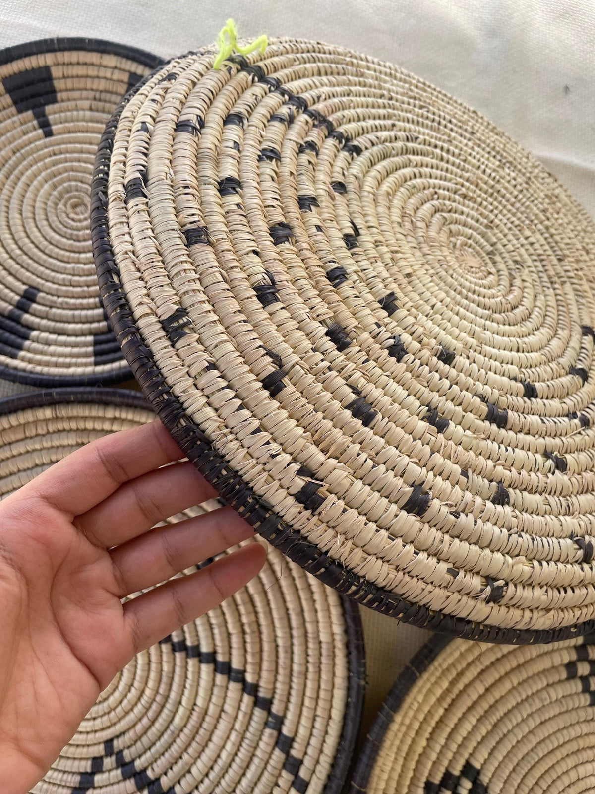Woven Flat Wall Baskets Set of 5, Black & Natural African Wall Decor, Handwoven Basket Art, Boho Rustic Home Decor, Cozy Fall Wall Hangings