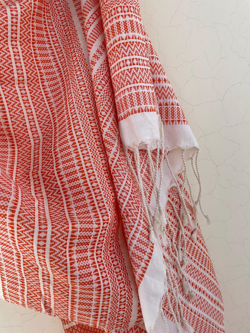 Handwoven Geometric Strip Cotton Rebozo Shawl – Diamond Weave Artisan Wrap – Lightweight Pakistani Textile Cover-up - Hand knotted Fringe