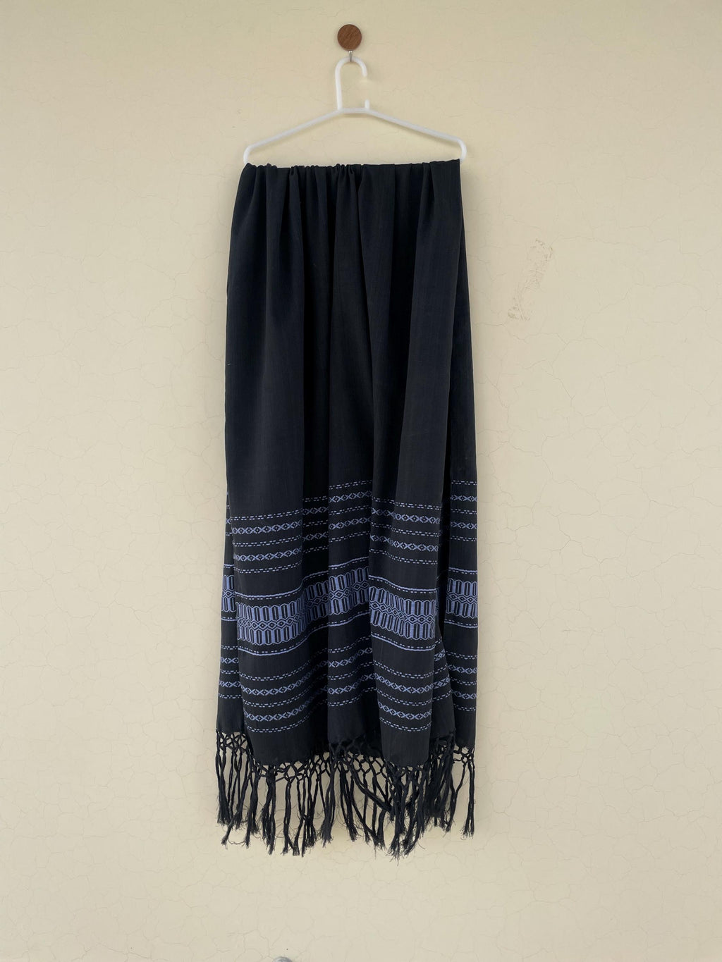 Handwoven Cotton & Silk Rebozo | Black Mexican Blue Shawl With Fringes| Pedal Loom Woven in Pakistan | 35X100 In