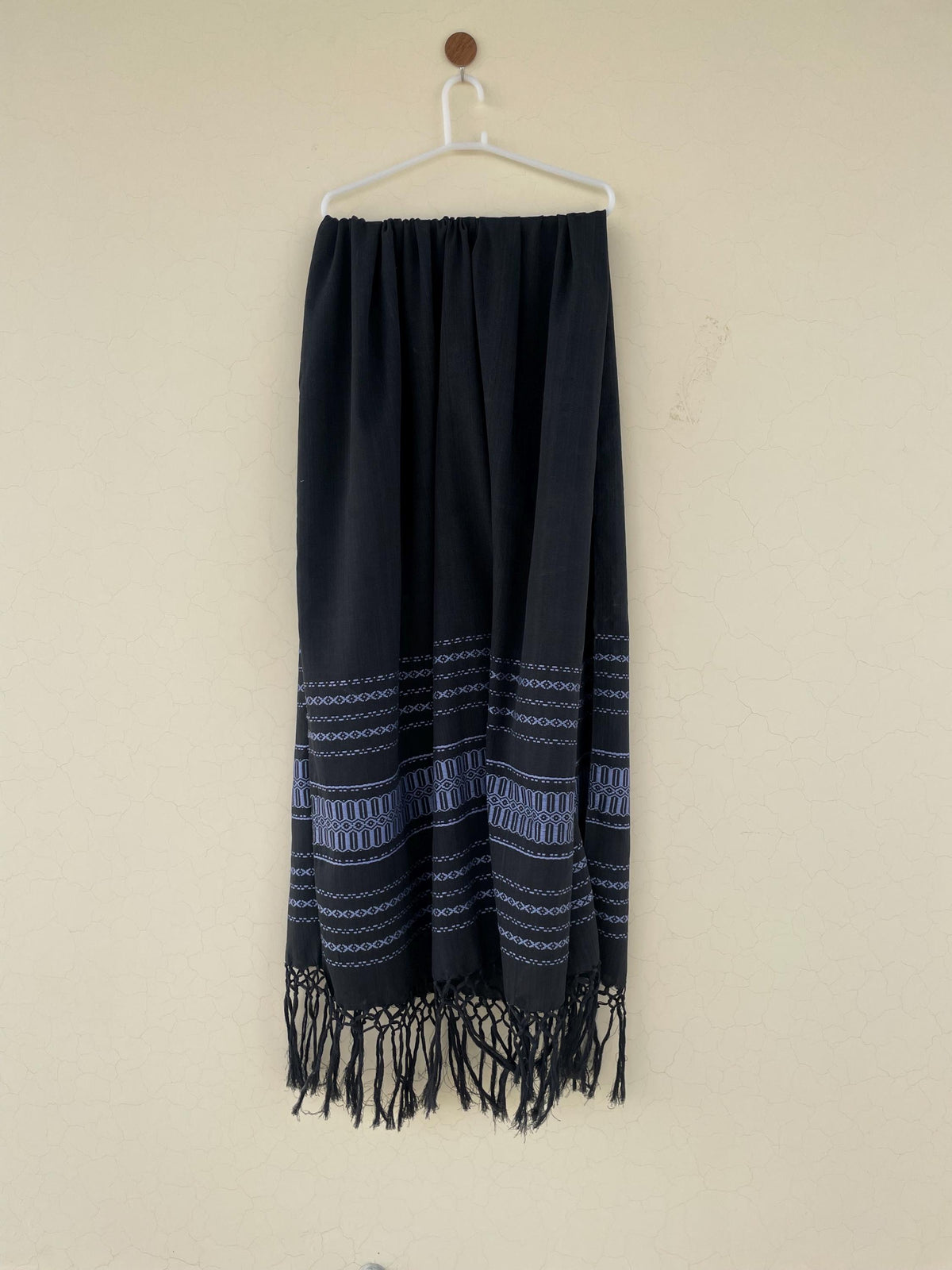 Handwoven Cotton & Silk Rebozo | Black Mexican Blue Shawl With Fringes| Pedal Loom Woven in Pakistan | 35X100 In