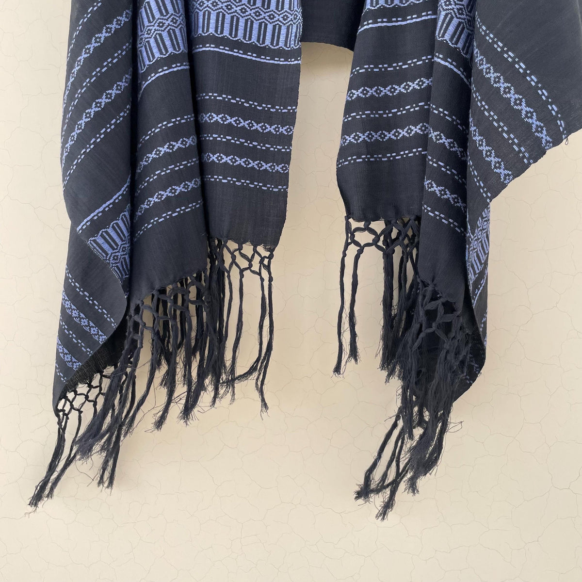 Handwoven Cotton & Silk Rebozo | Black Mexican Blue Shawl With Fringes| Pedal Loom Woven in Pakistan | 35X100 In