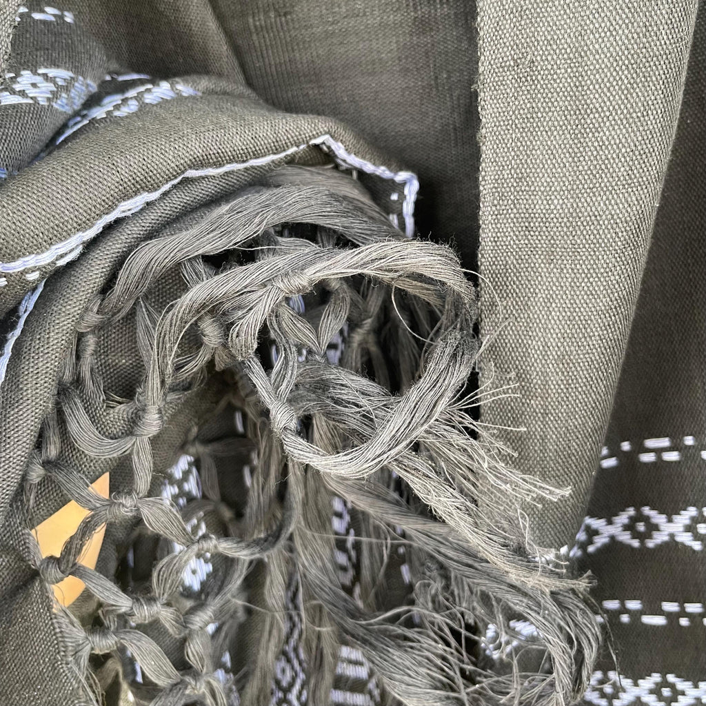 Handwoven Cotton & Silk Rebozo | Black Mexican Blue Shawl With Fringes| Pedal Loom Woven in Pakistan | 35X100 In