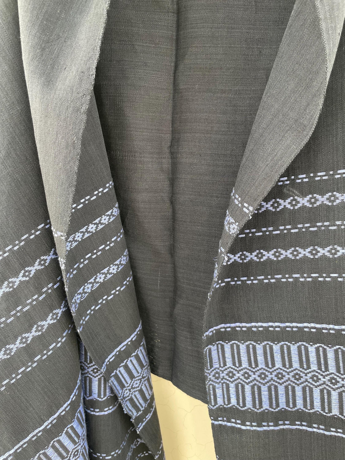 Handwoven Cotton & Silk Rebozo | Black Mexican Blue Shawl With Fringes| Pedal Loom Woven in Pakistan | 35X100 In